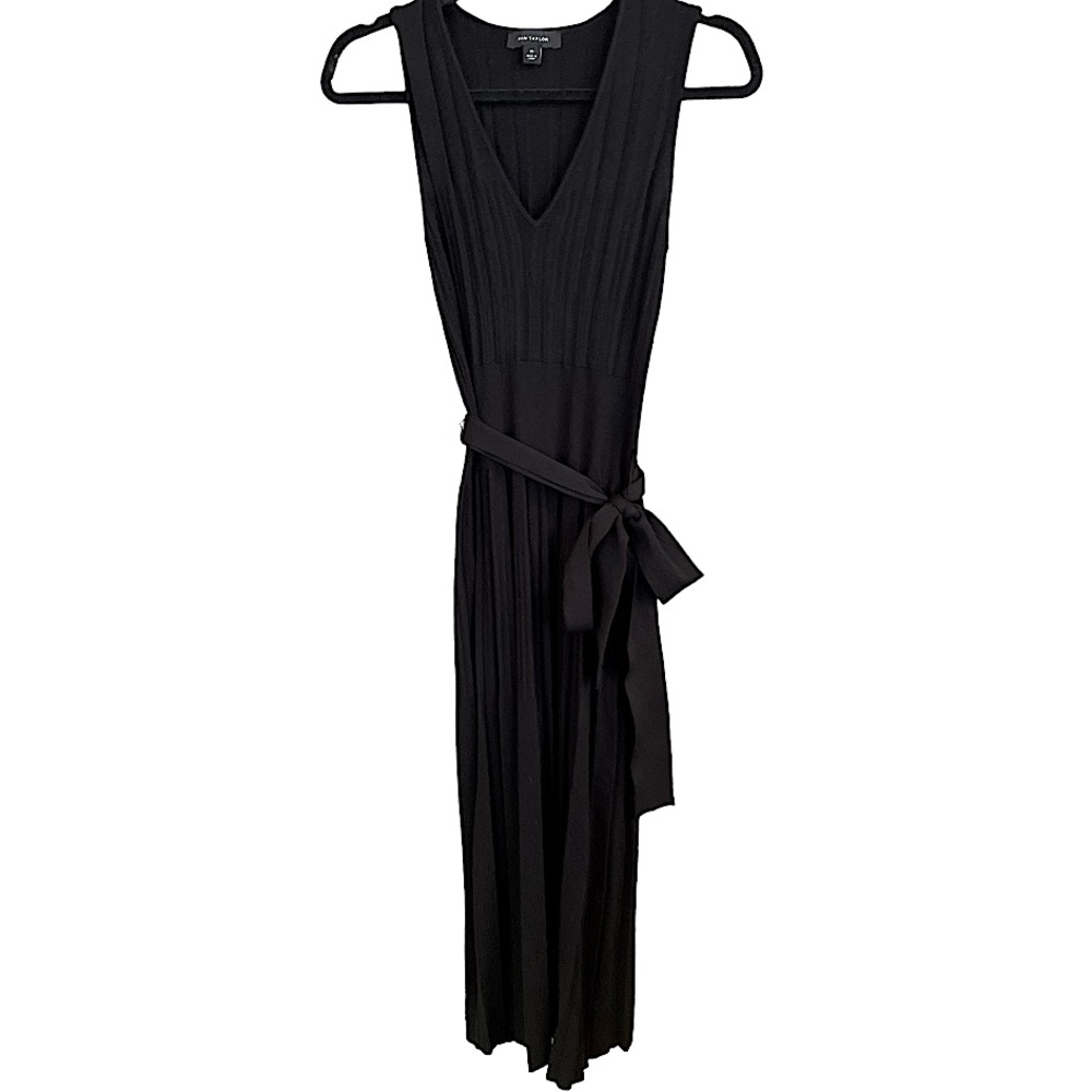 Ann Taylor Black Sleeveless Belted V-Neck Knit Midi Dress XS